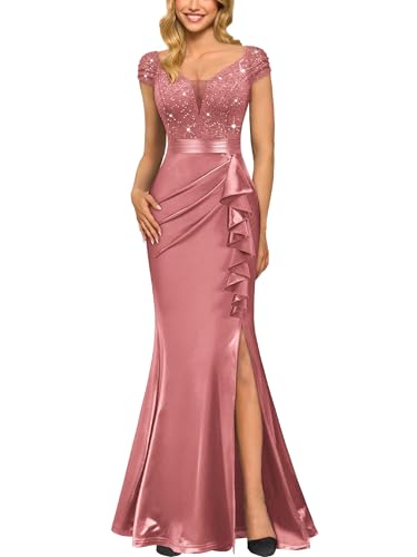 Miusol Women's Vintage V-Neck Slim Style Ruffle Split Evening Formal Maxi Dress (Large, D-Cinnamon...