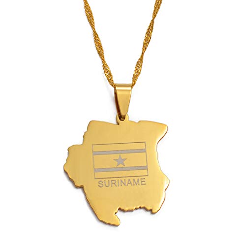 Stylish-Art Suriname Carte Pendentif Colliers - Motif Ethnique Drapeau Suriname Cartes Chandail Chaîne Charme Hip Hop Bijoux À La Mode pour Femmes Hommes Chaîne De Clavicule,Or,45cm