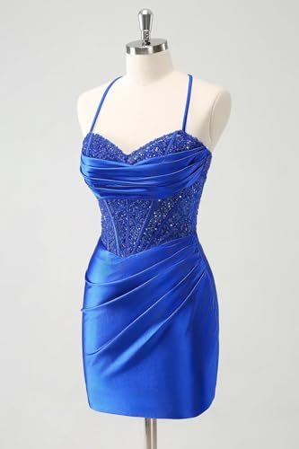 OFEECHUN Women's Satin Homecoming Dresses 2025 Lace Applique Short Prom Dress Corset Cocktail Gown3