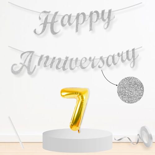 Image of Flyloons 7th Happy Anniversary Banner Silver Decorations Kit for Men Women Wedding Anniversary Banner Items without Balloons