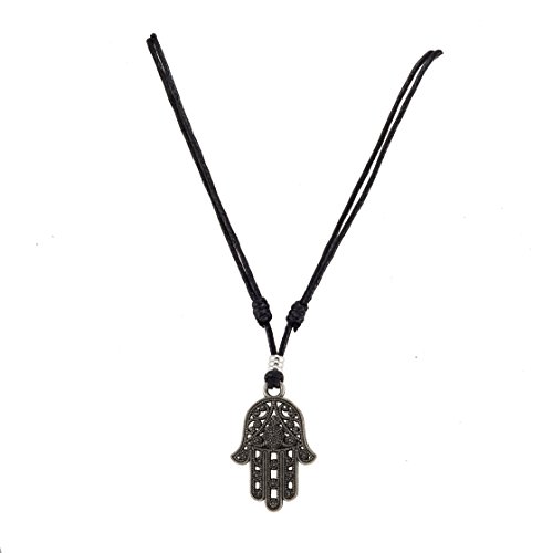 BlueRica Hamsa Hand of Fatima on Adjustable Black Cord Necklace