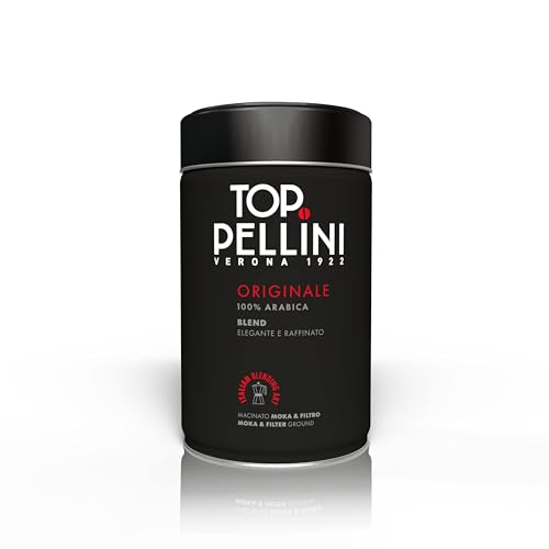 Pellini Caffè Top 100% Arabica, Caffè Macinato per Moka dall'Aroma Intenso e Avvolgente, Miscela 100% Arabica a Tostatura Delicata, Confezione da 250g
