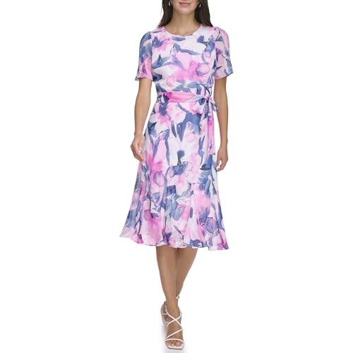 Image of DKNY Women's Flutter Sleeve Round Neck Waist Tie Midi Dress