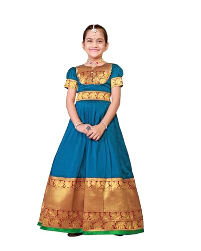 Image of Girls Silk Pattu Gown for Kids Traditional South Indian Long Ethnic Dress | Baby Girl Festival Pavadai Sattai Style Party Wedding Birthday Special Occasion Outfit