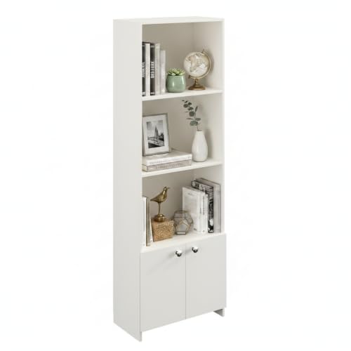 Image of FURNEASER Regal Tall Wooden Bookshelf with 2-Door Cabinet & 3 Open Shelves | Modern Multipurpose Bookcase for Living Room, Bedroom & Office | Engineered Wood, 161 x 50 x 30 cm (White)