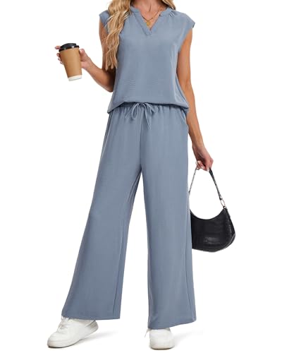 IEEILULU Two Piece Sets for Women V Neck Sleeveless Tank Tops and Wide Leg Pants Sets Vacation Outfits (Blue-Gray, M) - image 1