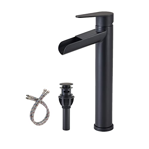 Hotis Vessel Sink Faucet, Matte Black Waterfall Bathroom Faucet, Tall Body Single Hole Single Handle Bathroom Faucet, Bathroom Sink Faucet With Pop Up Drain And 3/8" Hoses Supply Line #TOP1