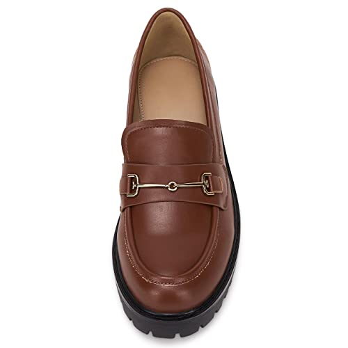Image of VETASTE Women's Platform Chunky Heel Loafers Slip on Business Casual Shoes | Classic Closed Round Toe, Lug Sole, Work Office Uniform Oxfords, Metal Chain