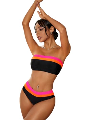 Image of ZAFUL Women's High Cut Bandeau Bikini Set Strapless Solid Color 2 Pieces Bathing Suit Swimsuit (5-Black Red,L), Large