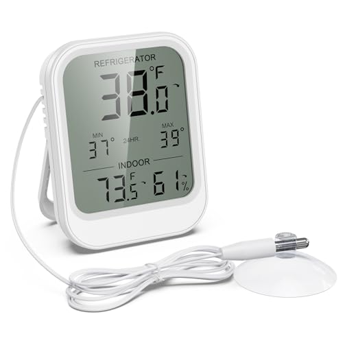 KeeKit Refrigerator Thermometer, Digital Freezer Thermometer with Waterproof Probe & Suction Cup, Temperature Monitor with Alarm, LCD Display, Min/Max Recording, for Fridge, Aquarium, Food Storage