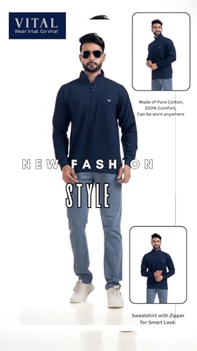 Image of Men's Sweat Shirts with Zippered, Full Sleeves Solid /Relaxed & Regular Fit Pure Cotton Sweater /Comfortable and Casual Winter Wear for College, Office