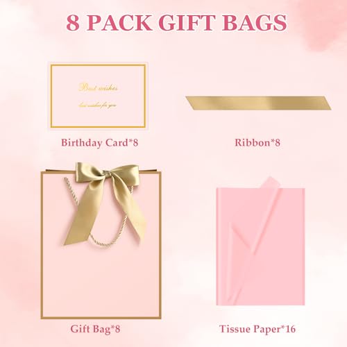 Image of JMANNI Gift Bags with Handles, 13 inch Medium Gift Bag for Presents, 8 Pcs Bags with 16 Tissue Paper and 8 Cards for Baby Shower Wedding Bridal Shower Mother's Day Birthday Party