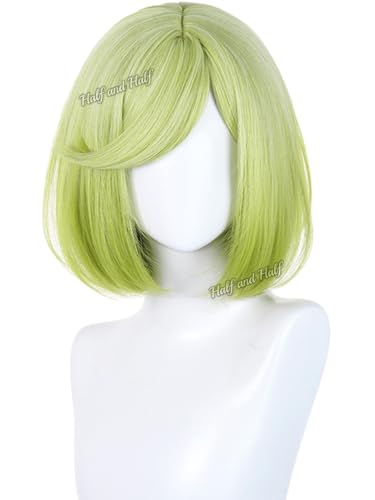 Image of Half and Half Short Light Green Bob Cosplay Wig Green Anime Wizard Costume Wigs with Side Part Bangs for Women Halloween Party Daily