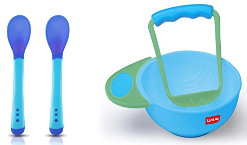 LuvLap Baby Food Grinding Cum Feeding Bowl, Portable Baby Food Masher & Serving Bowl for Baby weaning Food Preparation (Green & Blue) & Tiny Love Heat Sensitive Baby Feeding Spoons Set,2 pcs, Blue
