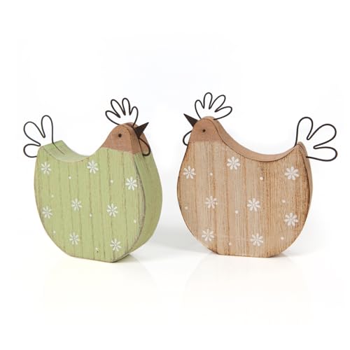 Pareja de gallinas decorativas para colocar, 2 unidades: gallinas de madera para decoración de Pascua y primavera, decoración rústica natural, figuras pequeñas, adorno verde, mesa y alféizar, 12,5 cm
