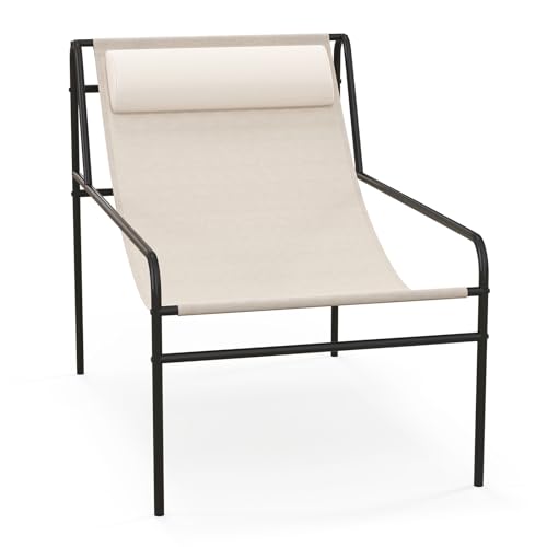 Tangkula Patio Sling Lounge Chair, Modern Sling Accent Chair w/Removable Headrest Pillow, Heavy-Duty Metal Frame, Breathable Seat Fabric, Leisure Chair for Indoor Outdoor, 350 lbs Max Load (1)