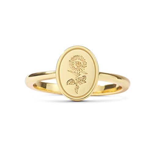 Drawelry Engraved Flower Signet Ring: Handmade Botanical Floral Minimalistic Statement 18K Dainty Gold Plated Silver Oval Finger Ring Delicate Jewelry Gift For Women Girls (Sunflower Gold, 6.0) (Sunflower Gold, 7.0) #TOP7