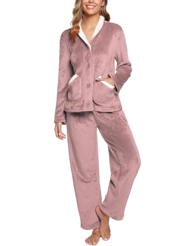 iClosam Pijama Invierno Mujer Franela Suave Pijamas para Mujer Polar Cálido Conjunto de Pijamas Mujer Largo de 2 Piezas con Botones para Casa Dormir