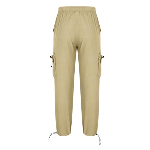 Men's Cotton Linen Cargo Pants Drawstring Elastic Waist Lightweight Athletic Track Pants Multi-Pocket Lounge Pants3