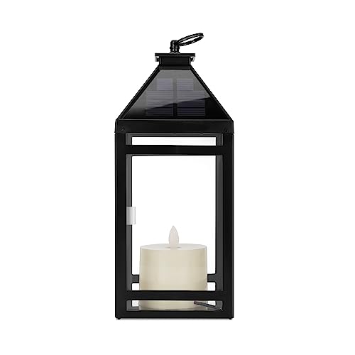 Image of Techko Outdoor Solar Flickering Candle Lantern Vintage Classic Light Design with Handle, Realistic Safe Flameless, Waterproof IP65,Black