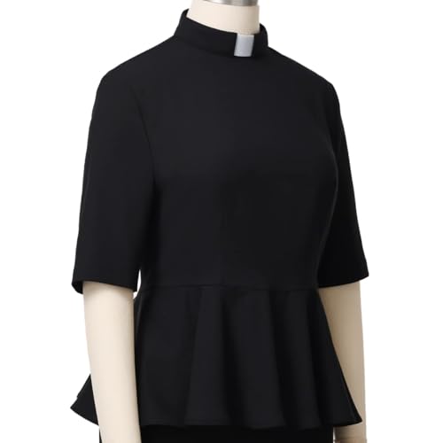 Womens Summer Clergy Shirt Tab Collar Half Sleeve Ruffle Blouse Top4