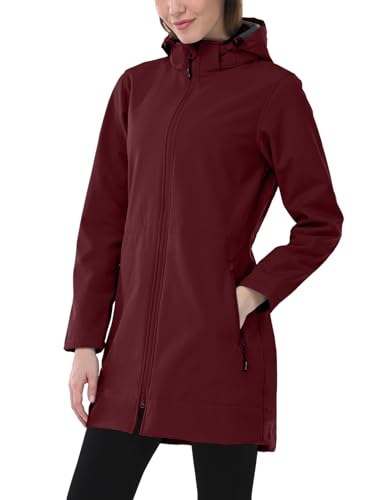 Outdoor Ventures Damen Softshell Lange Jacke mit Kapuze Fleece gefütterte Winddichte Jacke für Frauen Wasserdichte Windjacke Dunkelrot L