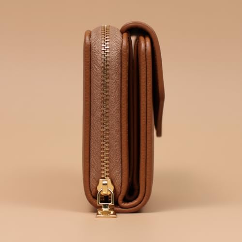 Image of WildHorn Women's Wallet | Premium Vegan Leather Ladies Purse with Zip Coin Pocket & Snap Button | Compact Wallet with Card Slots & ID Window (Tan)
