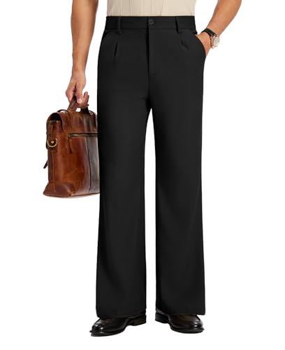 Susclude Mens Wide Leg Dress Pants Flared Bootcut Casual Baggy Pleated Pants Loose Fit Elastic Waist Vintage Trousers Black