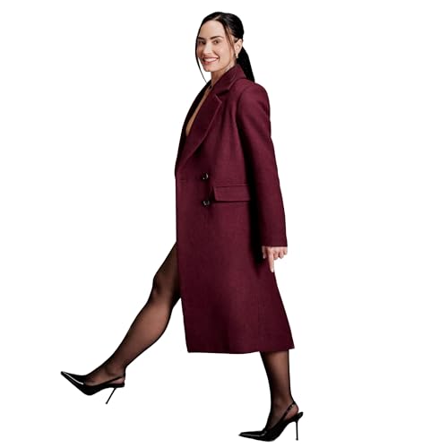 Amazon Essentials Women's (Demi's Pick) Relaxed-Fit Double-Breasted Wool-Blend Longline Coat, Burgundy, Medium