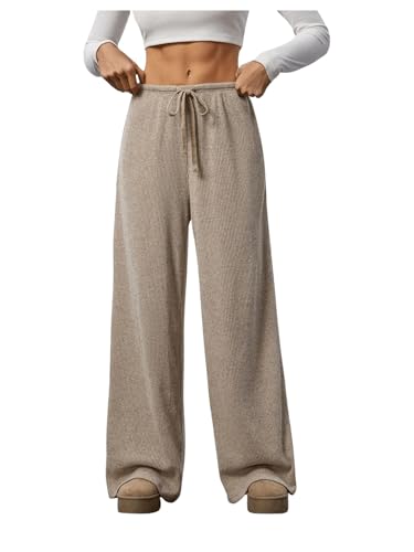 RoseSeek Women's Wide Leg Ribbed Knit Pants Drawstring Waist Low Rise Casual Long Trousers Brown Tall-L