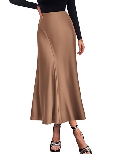 Image of KIRUNDO Women's Satin Maxi Skirt 2026 Summer Fall Trendy High Waisted Wedding Cocktail Party Work Silk A-Line Formal Skirts