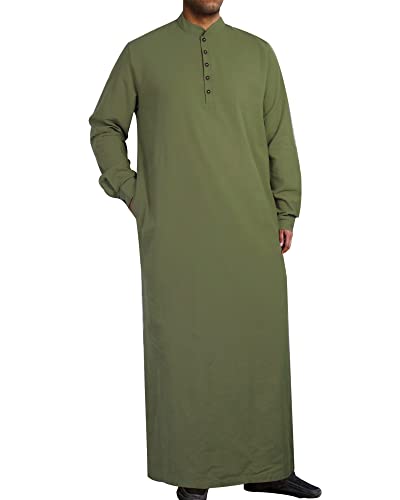 YAOHUOLE Men's Long Sleeve Kaftan Thobe Mens Saudi Arabic Thobe Army Green M
