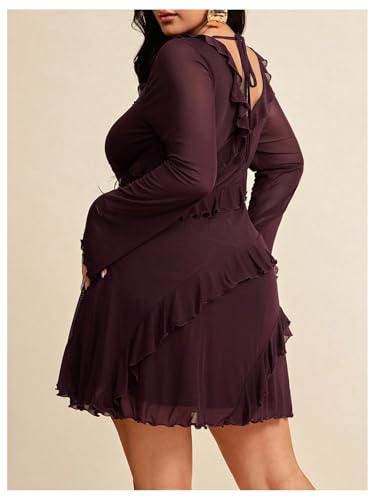 Women's Plus Size Y2K Ruffle Mini Dress Cocktail Mesh Tie Backless Long Bell Sleeve V Neck Short Dresses2