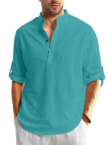 Image of Men's Cotton Blend Straight Kurta Shirt with Mandarin Collar - Slim Fit Casual Short Kurti Featuring Textured Slub Fabric and Roll-Up Full Sleeves
