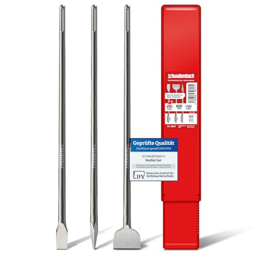 SCHWABENBACH® Jeu de Burins SDS Max 600 mm – 3 Pièces (25 mm + 50 mm + pointe) – Acier 40Cr ultra robuste – Burin Plat, Large et Pointu – Pour...