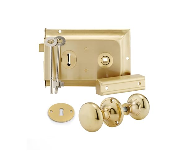 Deluxe 6;x4 Brass Rim Lock Set with Polished Brass Knob, Surface Mounted Door Lock