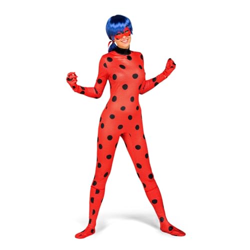 My Other Me - Disfraz para mujer adulto de Ladybug rojo y negro con mono, guantes, cubrebotas, antifaz, peluca, yo-yo y pendientes talla ML. Atrévete a capturar todas las miradas