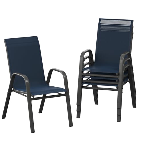 Patio Chairs Set of 4, Outdoor Stackable Dining Chairs with Textilene Fabric, All-Weather Deck Stacking Chairs with High Back for Backyard Poolside Ga