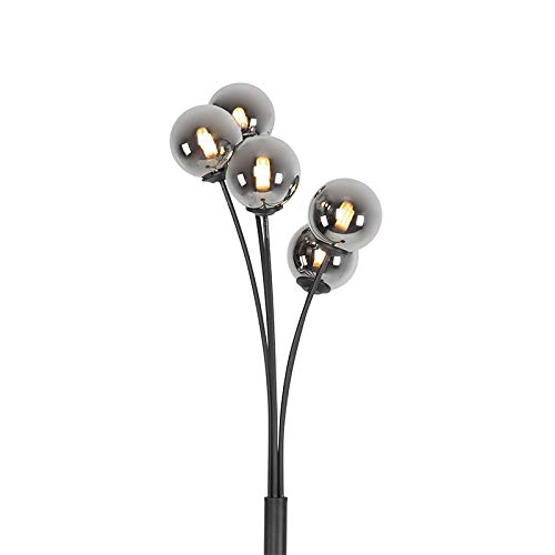 Qazqa Landhaus Stehleuchte, Stehlampe - Athens - Schwarz mit Rauchglas, max. 28W, Geeignet für LED, 5-flammig, 160cm, Ideal als Wohnzimmerlampe