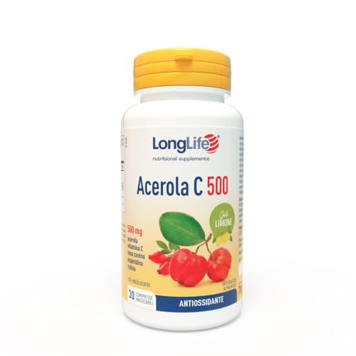 LongLife® Acerola C 500 | Integratore masticabile con acerola, vitamina C, rosa canina, esperidina e rutina | Difese immunitarie e antiossidante | 30 compresse | Gusto limone | Vegano e senza glutine