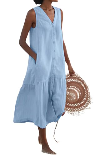 chouyatou Women's Summer Sleeveless Button Down Cotton Tank Dress Loose A-Line Tiered Tunic Beach Dress