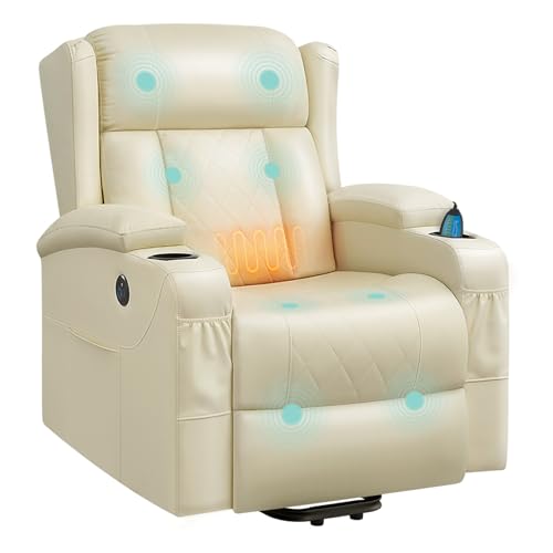 WOLTU Fauteuil Relax Électrique, Fauteuil Massant, Aide à la Verticalisation, Massage, Chauffage, Repose-Pieds, Poches, Porte-gobelet, Port USB, PU, Beige,...