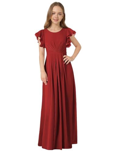 Junior Bridesmaid Flower Girl Chiffon Maxi Dress for Wedding Ruffle Sleeve Birthday Formal Pageant Dress
