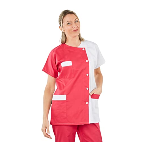 Hurry Jump Label blouse Tunique médicale Col rond 3 poches manches courtes Sergé 210 gramme Couleurs Blanc Fushia Pressions inoxydables Lavage Machine 90...