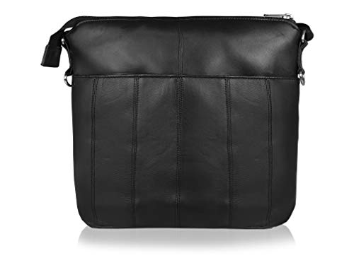 Quenchy London Ladies Cross Body Handbag, Single One Strapped Designer Shoulder Hand Bag with 7 Pockets in Soft Leather, Plain Black H25cm xW26cm xD8cm QL922K