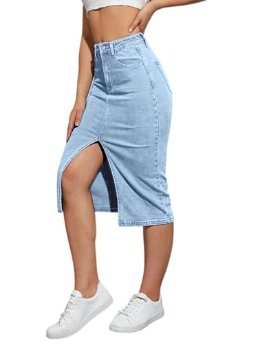 Image of Tagas Women High Waist Denim Midi Skirt with Front Slit | Stretchable Bodycon Pencil Skirt | Casual & Stylish Knee Length Skirt