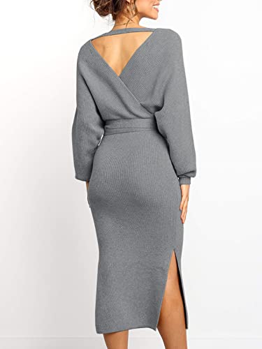 Image of Chang Yun Women's Long Maxi Sweater Dresses Sexy Wrap Batwing V Neck Slit Open Back Holiday Bodycon Dress with Belt