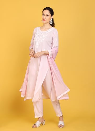 Image of Kaari Women's Chikankari Kurta Set with Dupatta -Straight Fit | Chiffon Dupatta with Embroidered Band | Straight Pant with Side Pocket | Kurta Set for Women