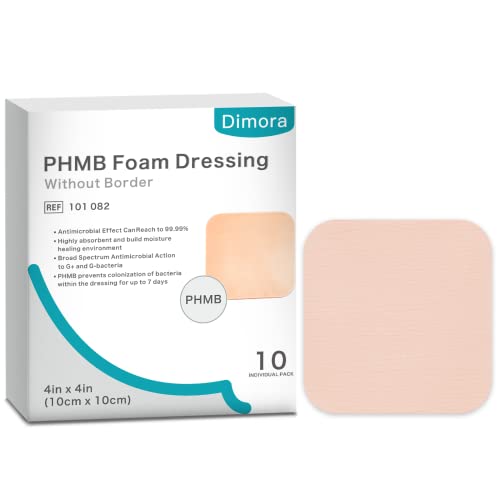 Dimora Foam Dressing, PHMB 7 Days Sustained Steriel 4"x4" Wound Dressing Pads 5 Times Fast Protection Non-Adhesive Non-Border, 15 Times Ultra Absorbent Padding 10 Pack