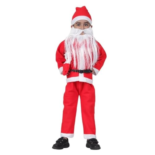 Image of ITSMYCOSTUME Santa Claus fleece dress for Christmas in red and white colour for kids. Complete costume set includes jacket, pant, hat, candy pouch /bag for Boys & Girls